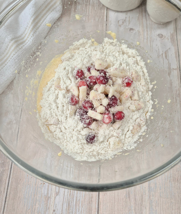 Step 5 – Adding dry ingredients to apple cranberry cake batter made with ReWild CoreBake