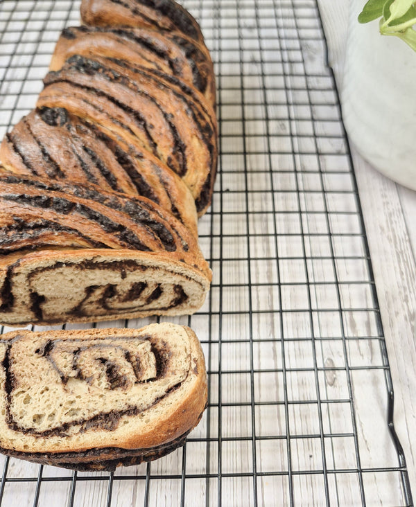 Sliced low-carb gluten-free chocolate babka ready to serve