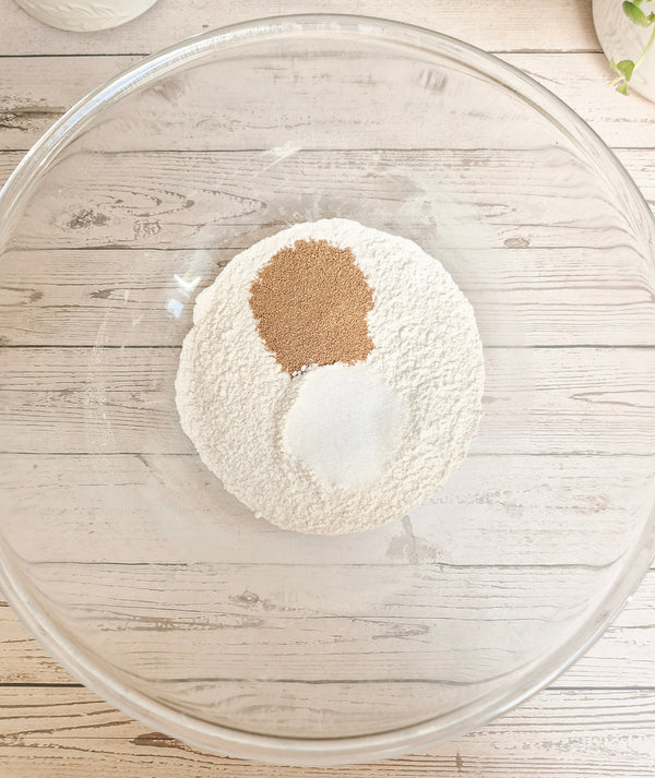 Step 1 – Dry ingredients for gluten-free chocolate babka in a mixing bowl using ReWild CoreBake flour blend