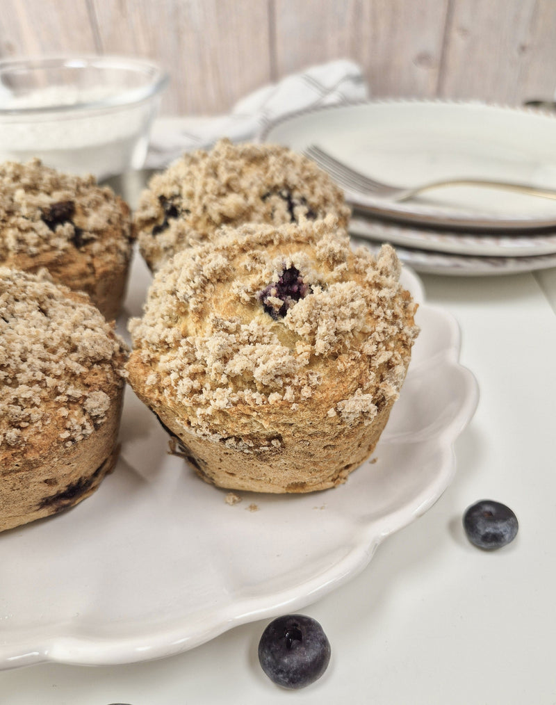 Gluten-free blueberry muffin with crumb topping baked using ReWild CoreBake flour blend