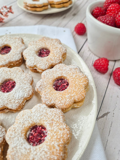 Low-carb gluten-free linzer cookies with raspberry filling made with ReWild CoreBake