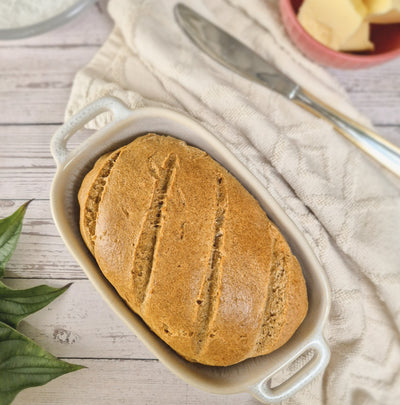 Small gluten-free bread loaf with golden crust made using ReWild CoreBake