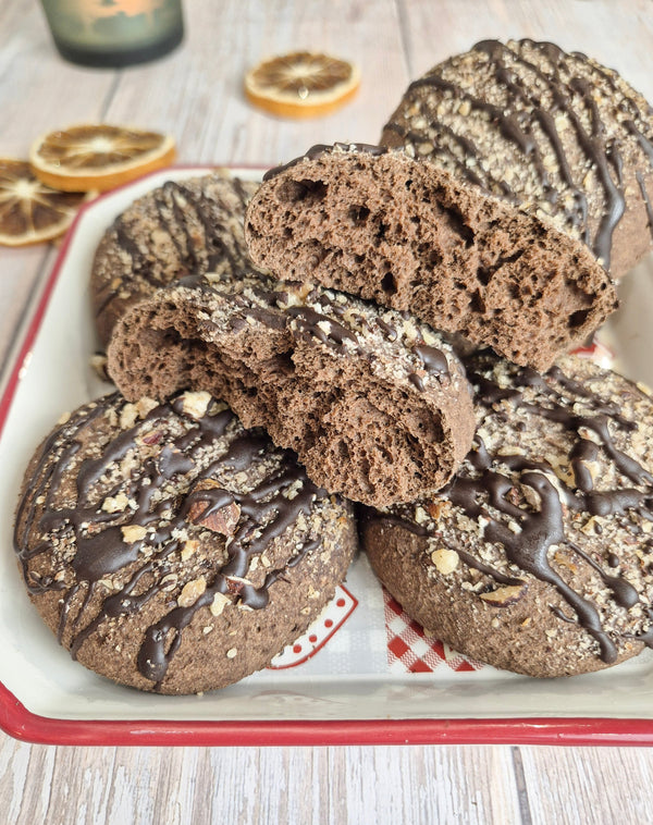Soft gluten-free cacao cookies with chocolate drizzle baked using ReWild CoreBake