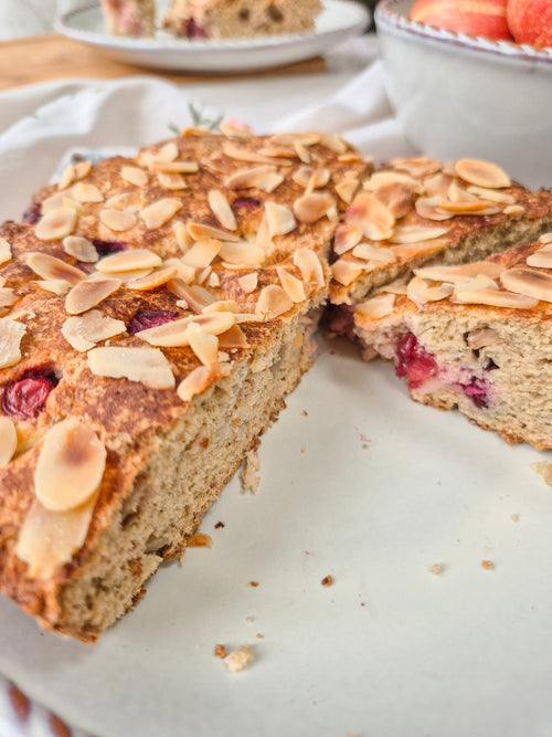 Healthy low-carb apple cranberry cake with sliced almonds made using ReWild CoreBake