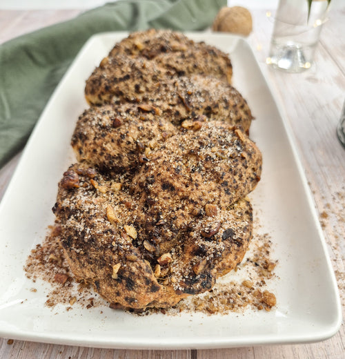 High-fibre low-carb braided sweet bread with walnut coffee crumble topping