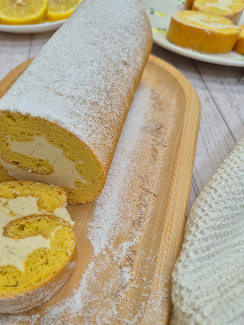 High-fibre low-carb lemon Swiss roll cake with cream filling made using ReWild CoreBake