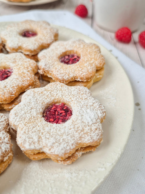 High-fibre low-carb linzer cookies with raspberry centre made using ReWild CoreBake