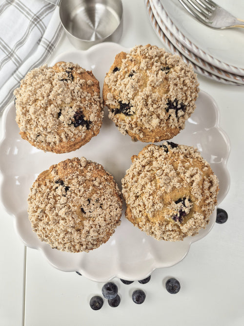 Homemade low-carb blueberry muffins with crumble topping made with ReWild CoreBake