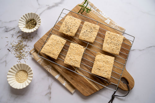Close-up of crispy low-carb gluten-free crackers made with ReWild CoreBake