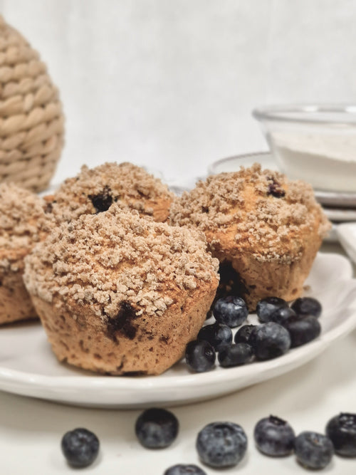 Low-carb gluten-free blueberry muffins topped with crumble made with ReWild CoreBake