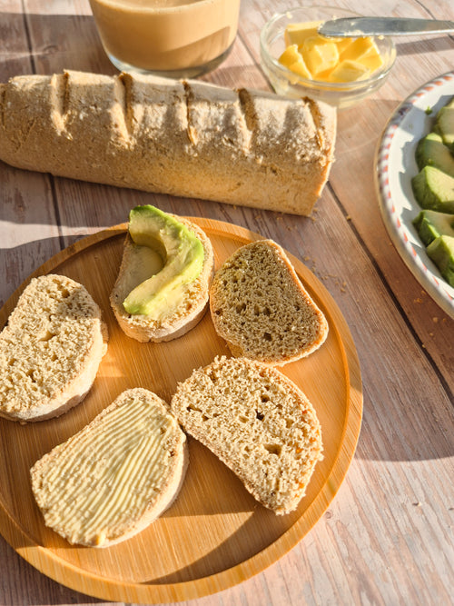 Slices of low-carb gluten-free bread loaf with avocado made using ReWild CoreBake