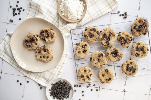 Low-carb gluten-free chocolate chip cookies cooling on a rack made with ReWild CoreBake