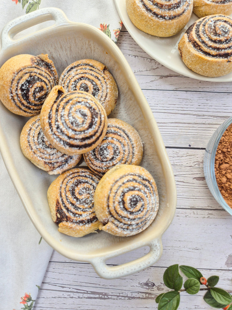 Low-carb gluten-free cocoa swirl rolls baked with ReWild CoreBake