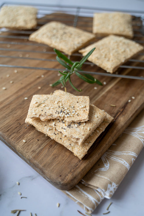 Homemade low-carb gluten-free crackers made with ReWild CoreBake flour blend