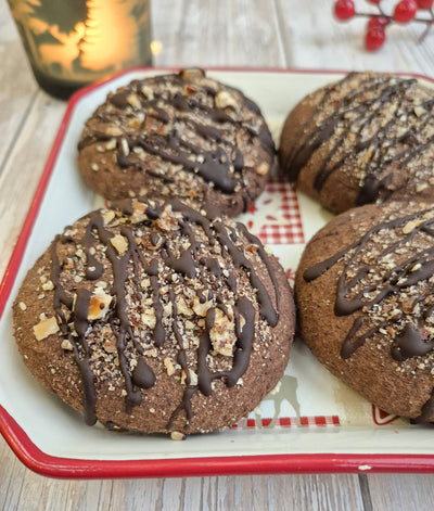 Low-carb gluten-free soft cacao cookies drizzled with chocolate made with ReWild CoreBake