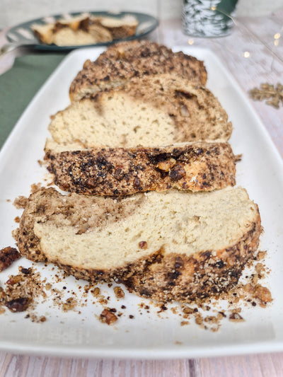 Low-carb gluten-free walnut coffee braided bread sliced on a plate made with ReWild CoreBake